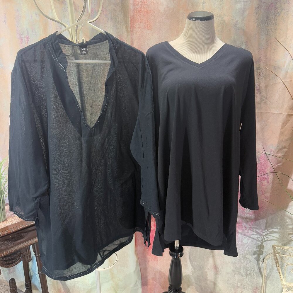 📌Roaman's & Mossimo 2 Black Cotton V - Neckline 3/4 Sleeves Top Blouse 3X 30/32